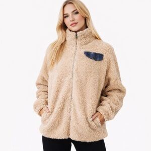 Pendleton Teddy Bear Sherpa Plaid Full Zip Jacket Cream Off White Sm Wool Blend